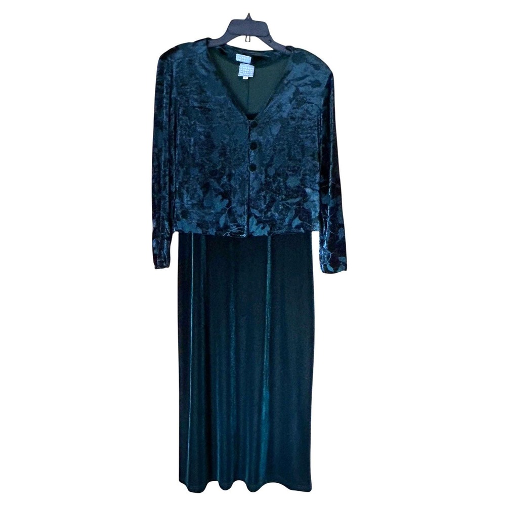 Vintage 90s Green Burnout Velvet Maxi Dress Jacket Size 10P Holiday‎ Party Y2K